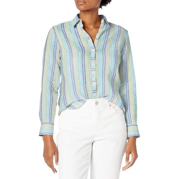 NWT Foxcroft NYC Blue Green Vertical Striped Linen Button Down Shirt - Picture 1 of 6